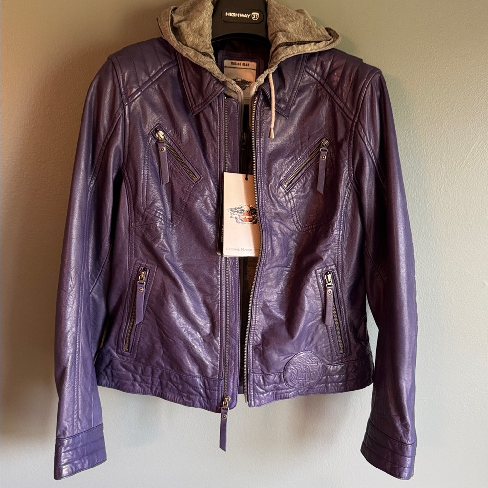 Harley Davidson purple leather riding jacket with gray hood insert NWT